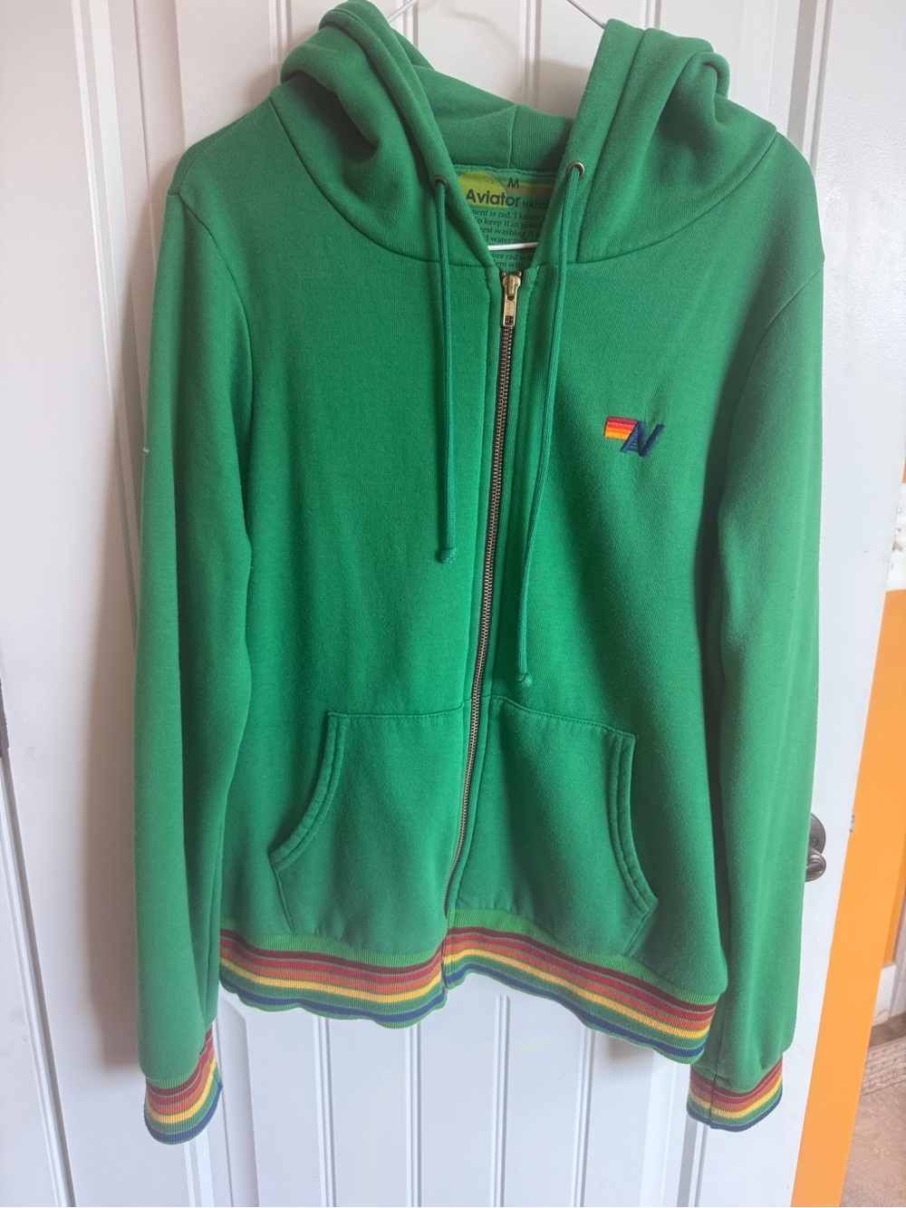 Aviator Nation Kelly Green Zip Hoodie with Rainbow Trim- Medium
